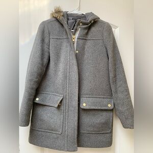 J. Crew Coat Women's 0 Gray Blue Vail Parka Wool Blend Faux Fur Lined Hood